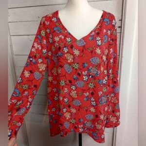 Chelsea & Theodore Size Large Red Floral V-neck High Low Blouse Boho Hippie